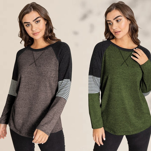 Striped Raglan Sleeve Ribbed Trim Knit Top