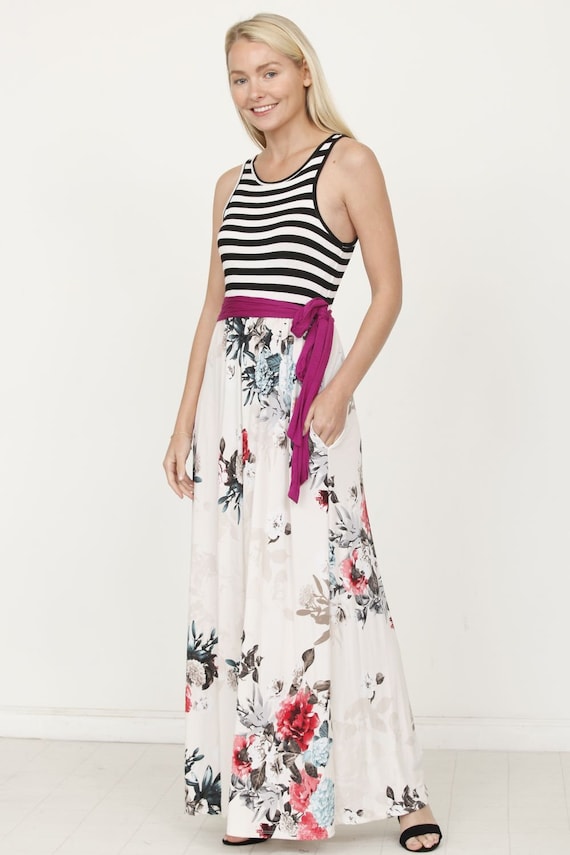 Navy Stripe Sleeveless Ivory Floral Maxi Dress With Magenta - Etsy