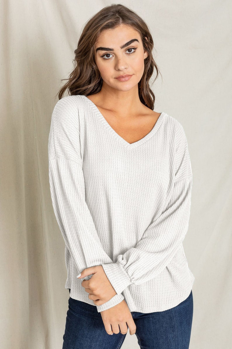 Waffle knit V-Neck Bishop Sleeve Loose Top 6 Colors S to 3X Plus Ivory