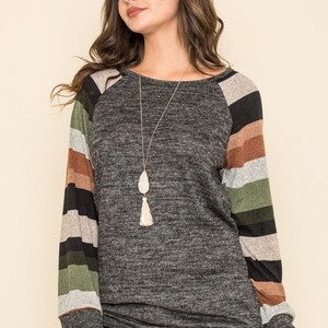 Multi Stripe Raglan Long Sleeve Knit Tunic 5 Colors S-3X Olive Black