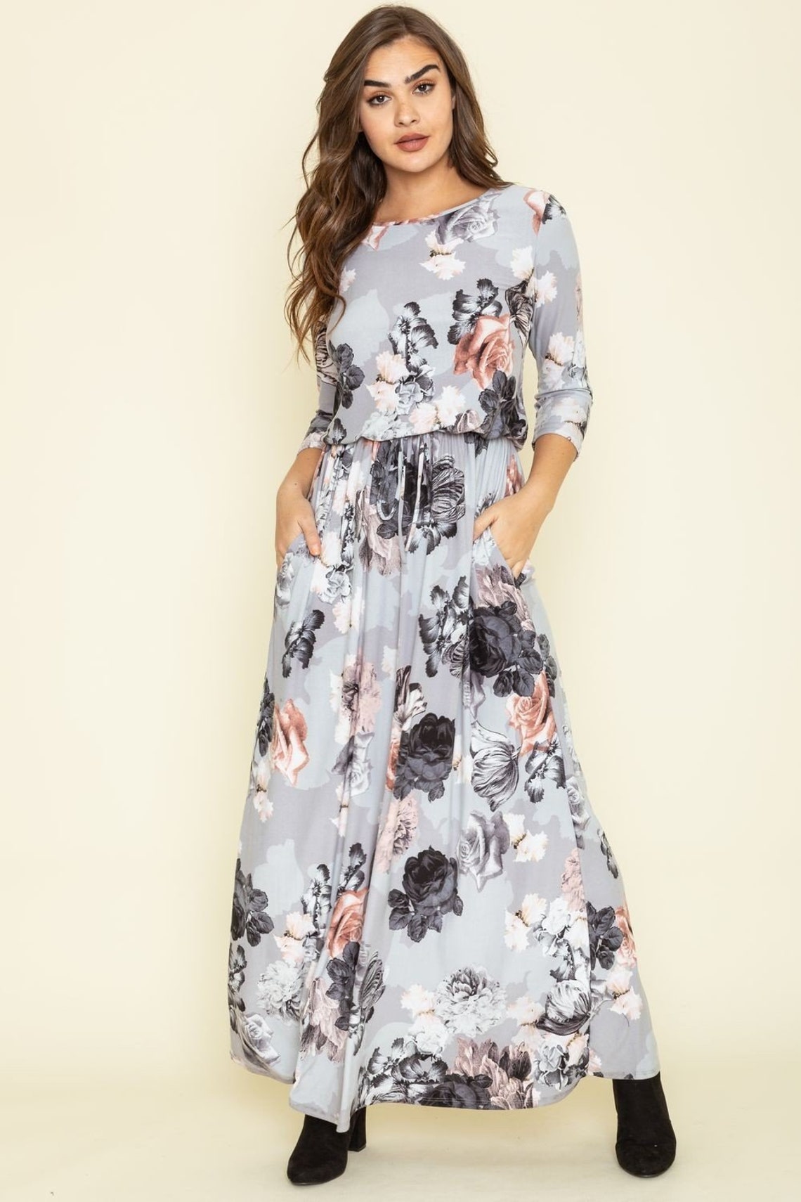 Grey Floral 3/4 Sleeve Blouson Maxi Dress_Plus | Etsy