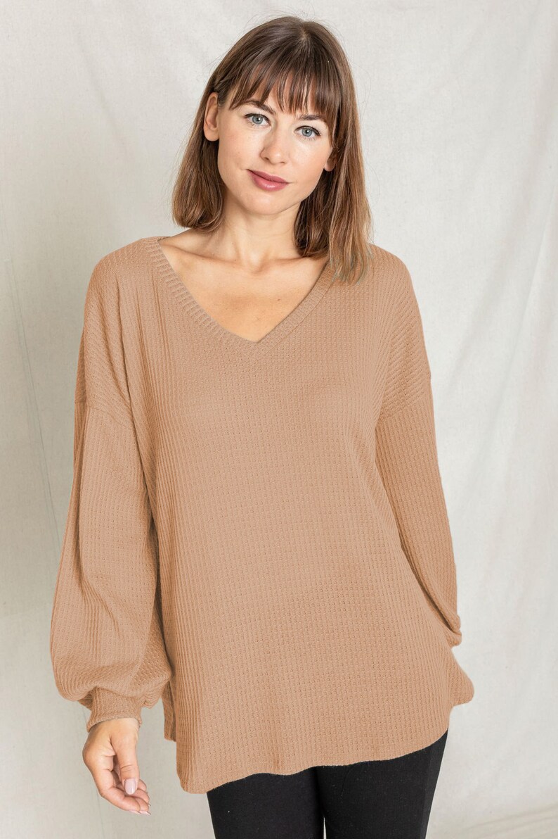 Waffle knit V-Neck Bishop Sleeve Loose Top 6 Colors S to 3X Plus image 9