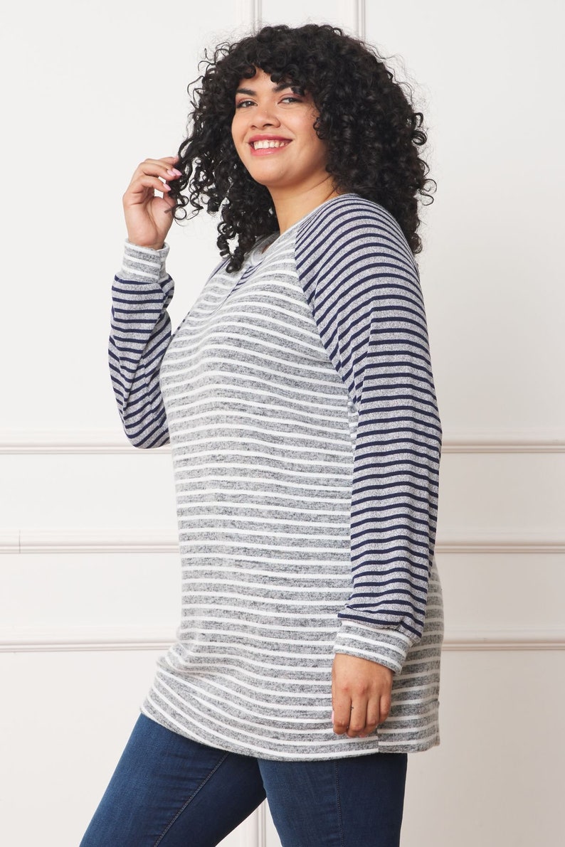 Two Tone Stripe Color Block Raglan Tunic with V-Stitch S to 3X Plus image 9