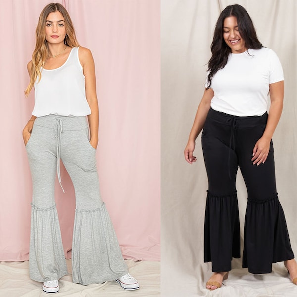 Ruffle Trim Bell Bottom Drawstring Pants | 4 Colors | S to 3X Plus