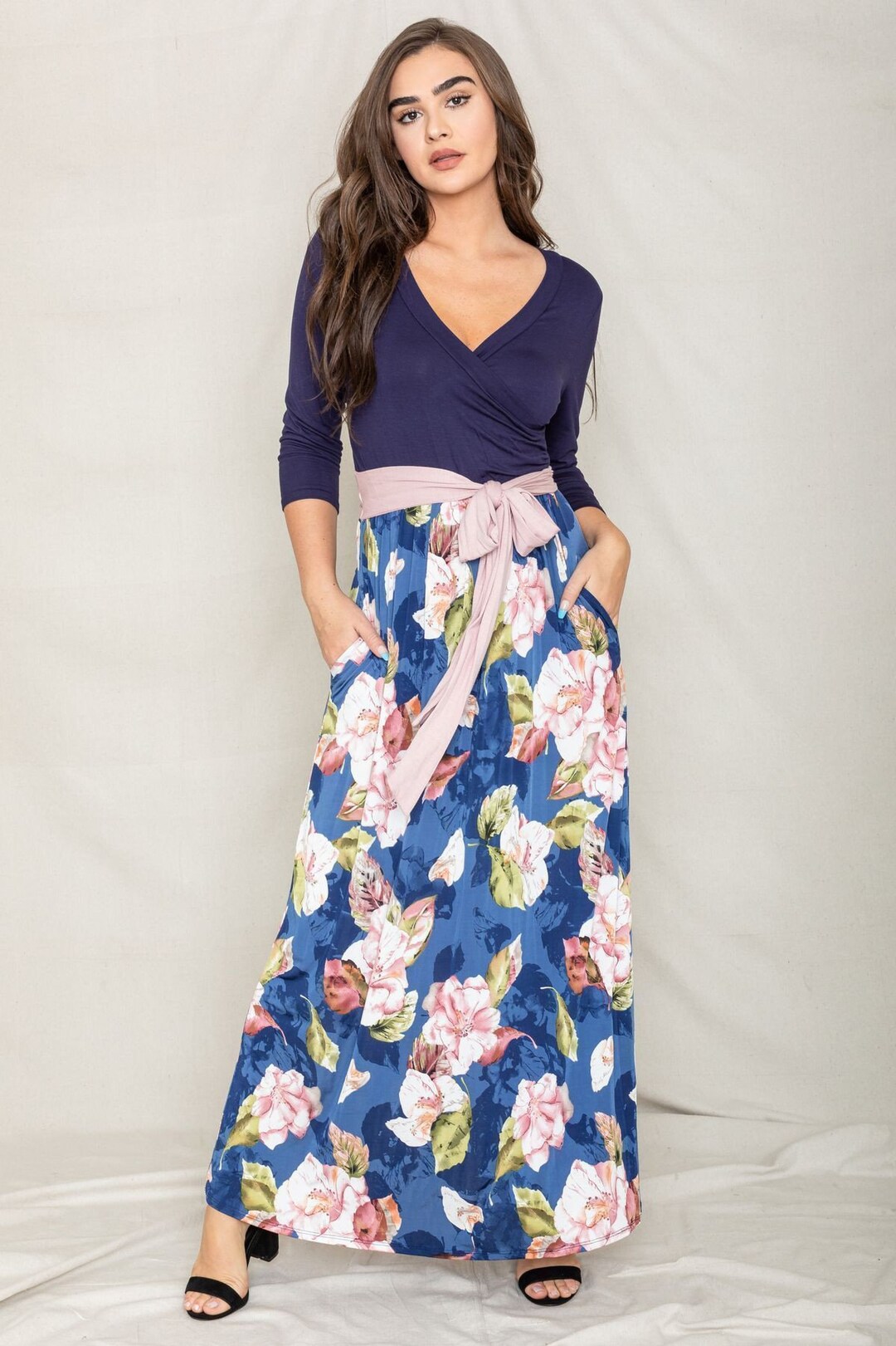 Dewy Whisper Maxi Dress in Navy with Pink Floral