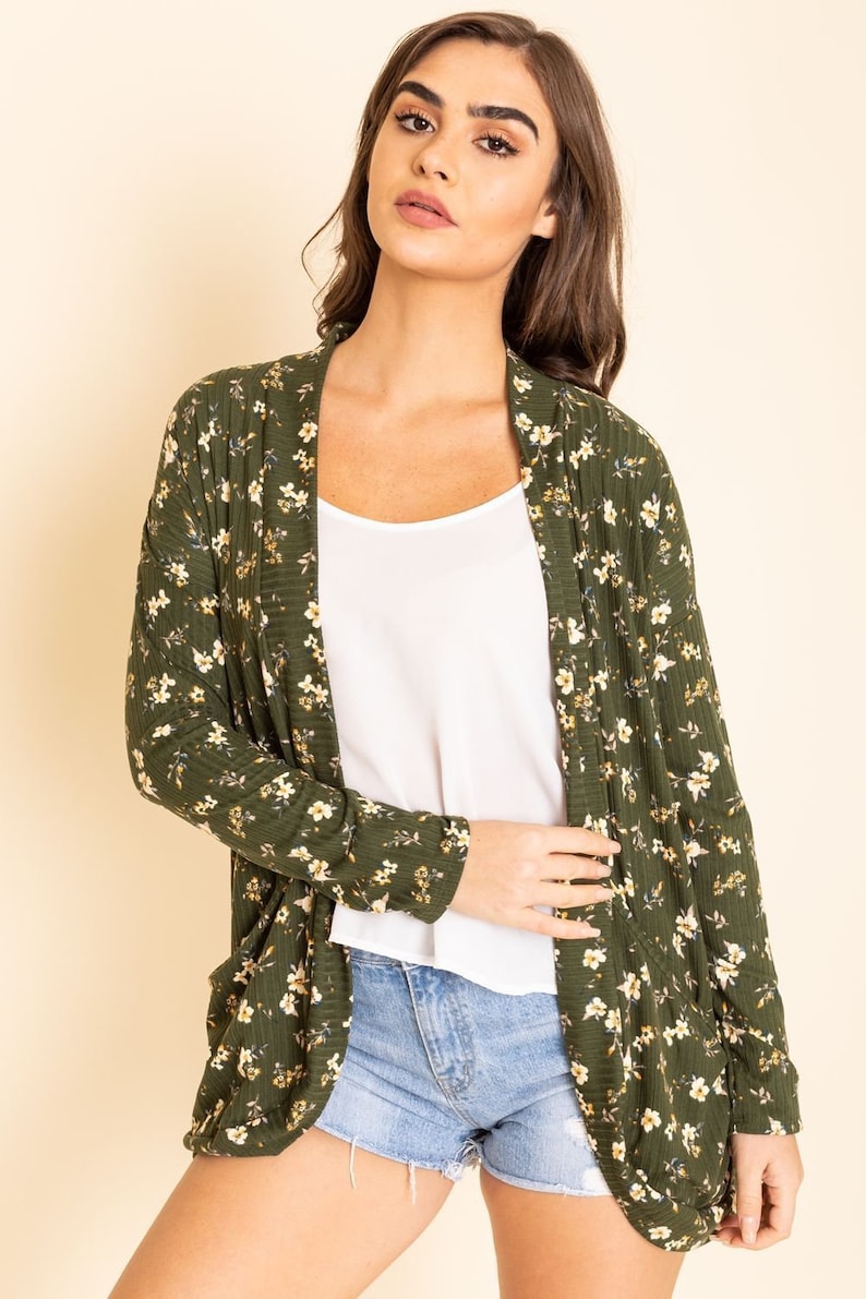 2 Colors Ditsy Floral Ribbed Slouch Cardigan