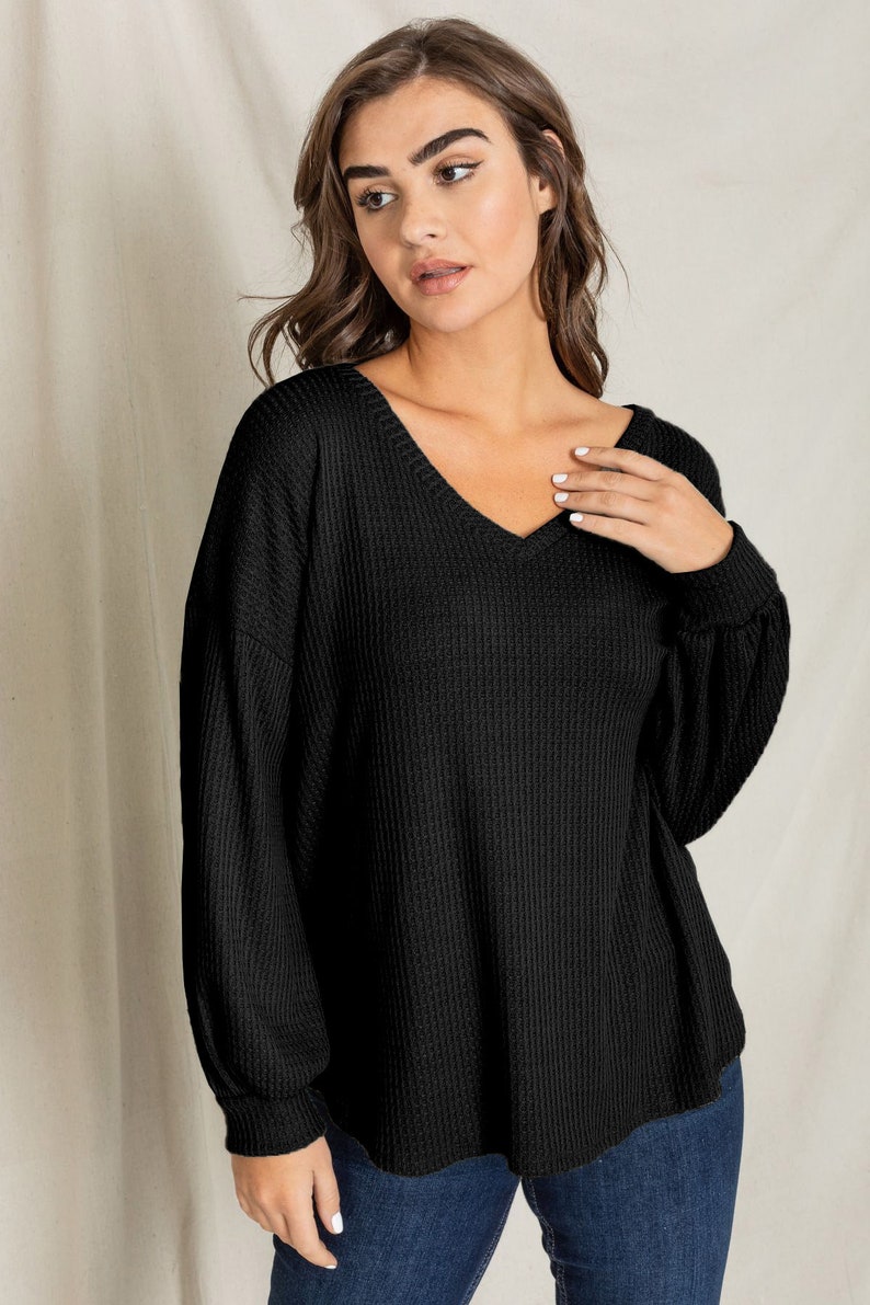 Waffle knit V-Neck Bishop Sleeve Loose Top 6 Colors S to 3X Plus Black