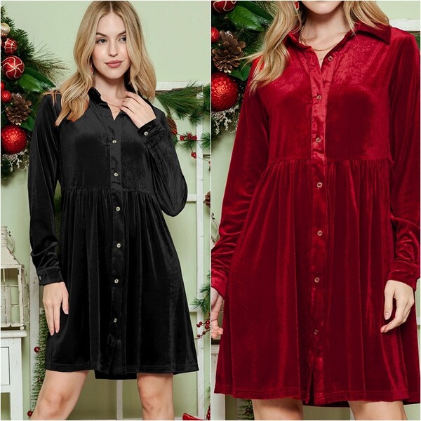 Velvet Long Sleeve Button Shirt Dress