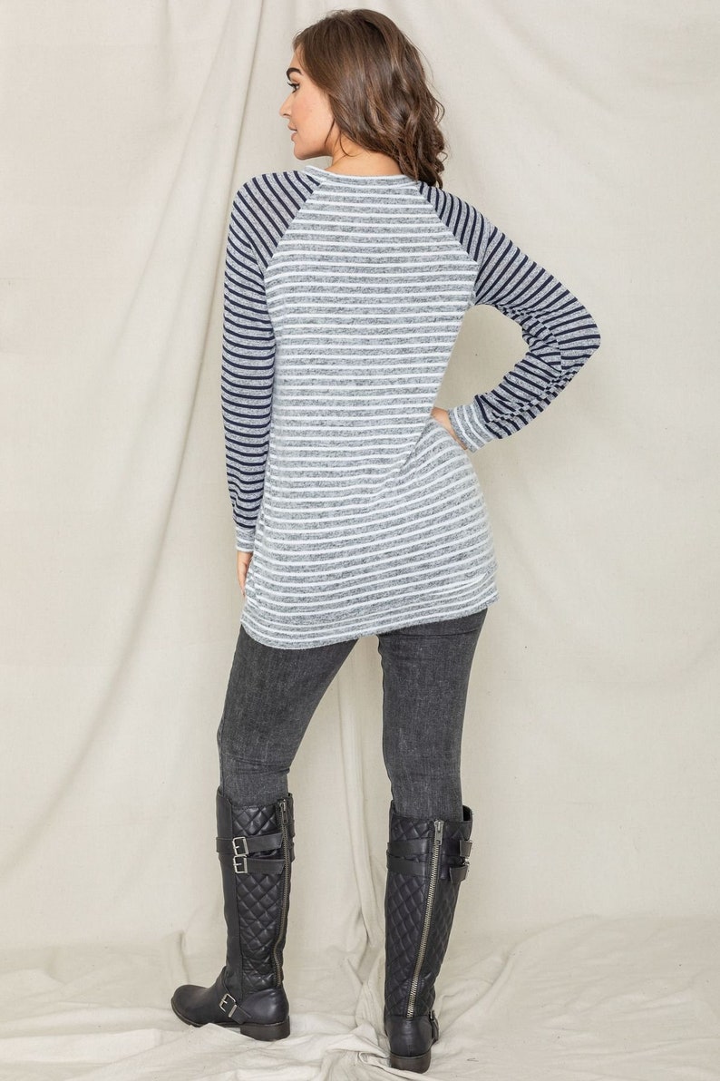 Two Tone Stripe Color Block Raglan Tunic with V-Stitch S to 3X Plus image 3