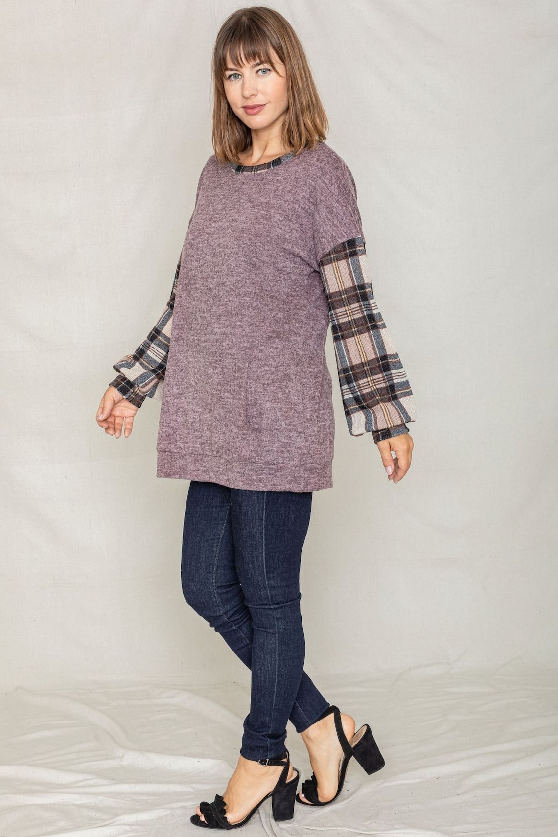 Drop Shoulder Knit Mocha Plaid Sleeve Kangaroo Pocket Tunic S - Etsy