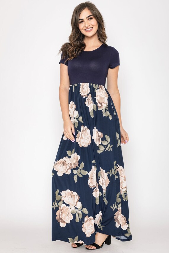 Navy Short Sleeve Floral Maxi Dress 2 Colors S to 3X Plus - Etsy Denmark