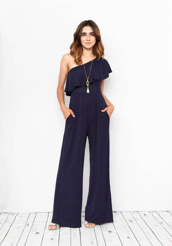 Navy One Shoulder Ruffle Jumpsuit_S to 3XL | Etsy