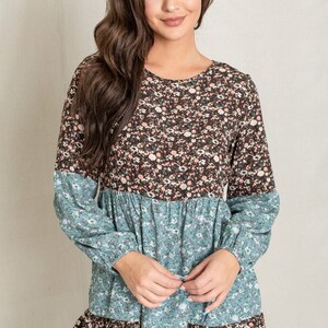 Two Tone Ditsy Floral Ruffled Hem Bishop Sleeve Tunic 2 Colors S to 3X Reg, Plus Brown