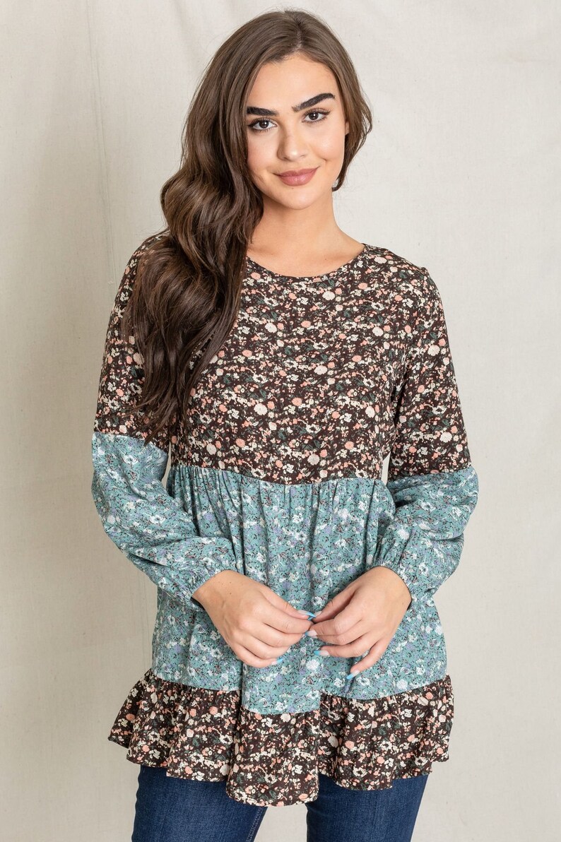 Two Tone Ditsy Floral Ruffled Hem Bishop Sleeve Tunic 2 Colors S to 3X Reg, Plus Brown