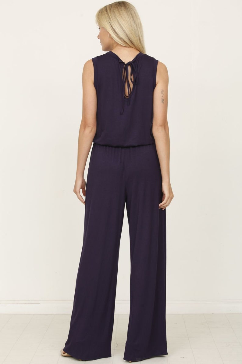 Solid Sleeveless Blouson Jumpsuit with Tie Keyhole Back S to 3X 4 Colors image 7