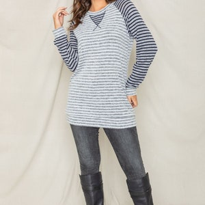 Two Tone Stripe Color Block Raglan Tunic with V-Stitch S to 3X Plus image 2