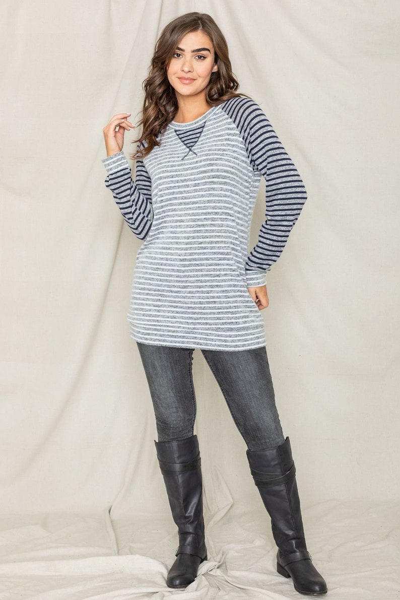 Two Tone Stripe Color Block Raglan Tunic with V-Stitch S to 3X Plus image 2