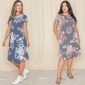 Vintage Floral Short Sleeve Curved Hem Midi Dress | 2 Colors | S to 3X