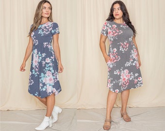 Vintage Floral Short Sleeve Curved Hem Midi Dress | 2 Colors | S to 3X