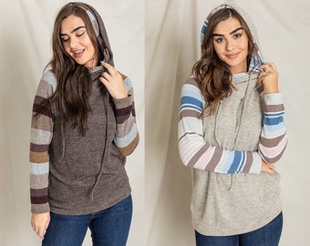Contrast Multi Color Stripe Raglan Sleeve Double Layered Knit Hoodie | 3 Colors | Plus