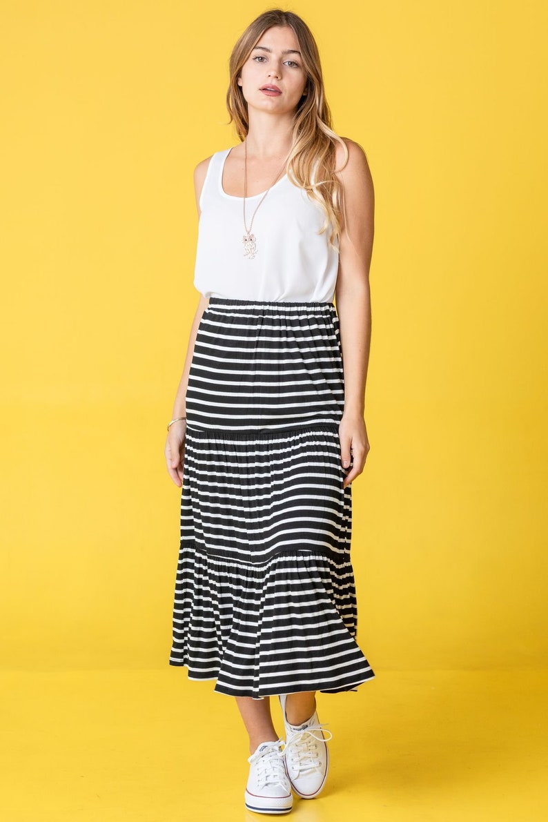 Tiered Stipe Midi Skirt 3 Colors S to 3X Plus image 2