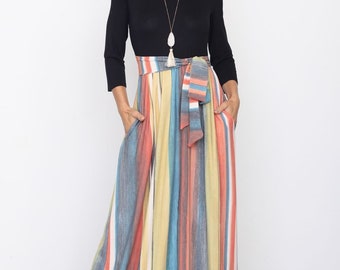 Orange & Teal Multi Color Sash Maxi Dress