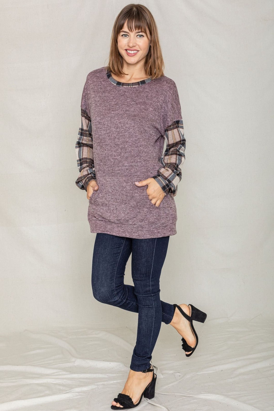 Drop Shoulder Knit Mocha Plaid Sleeve Kangaroo Pocket Tunic S - Etsy