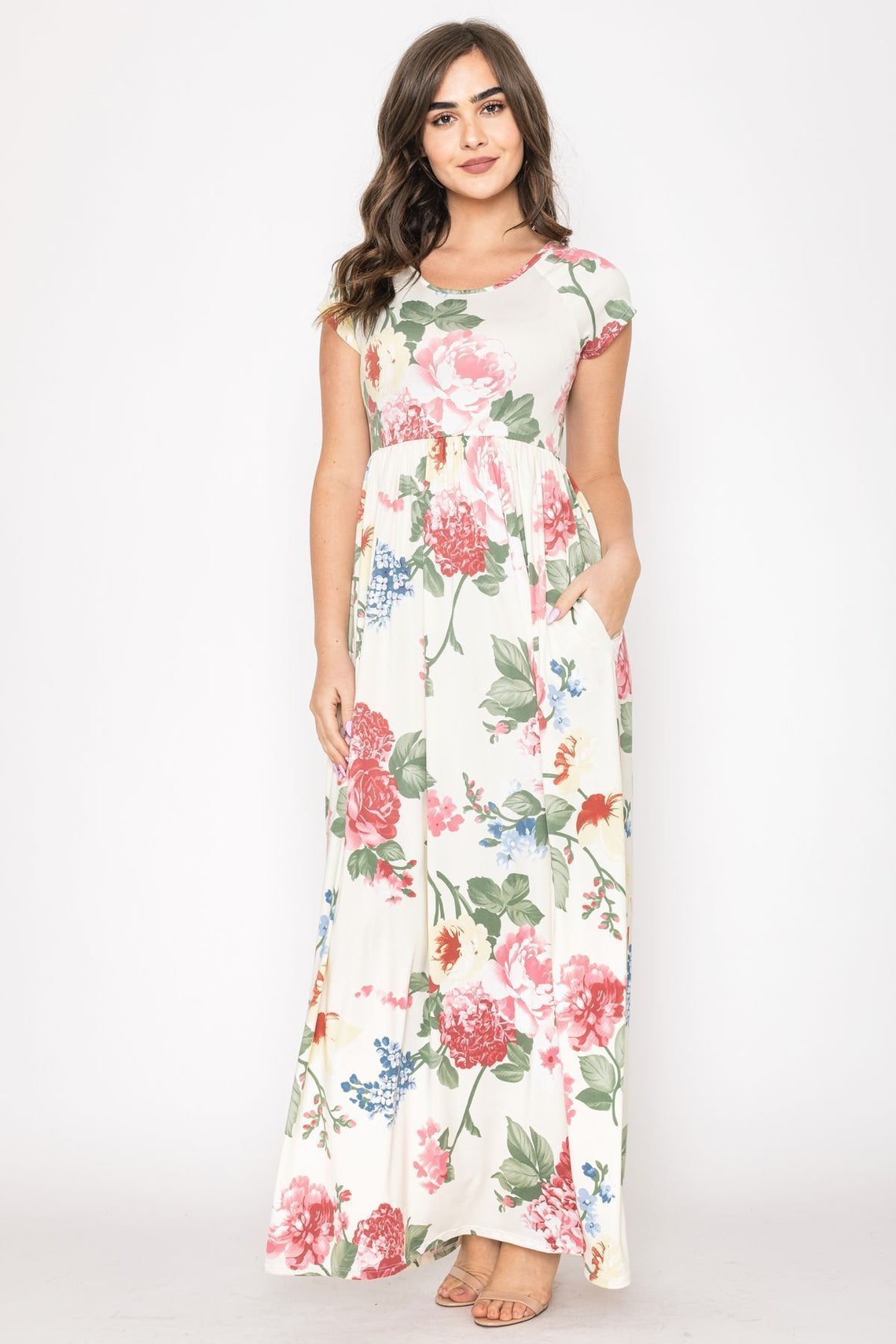 Ivory Rose Garden Raglan Cap Sleeve Maxi Dress | Etsy