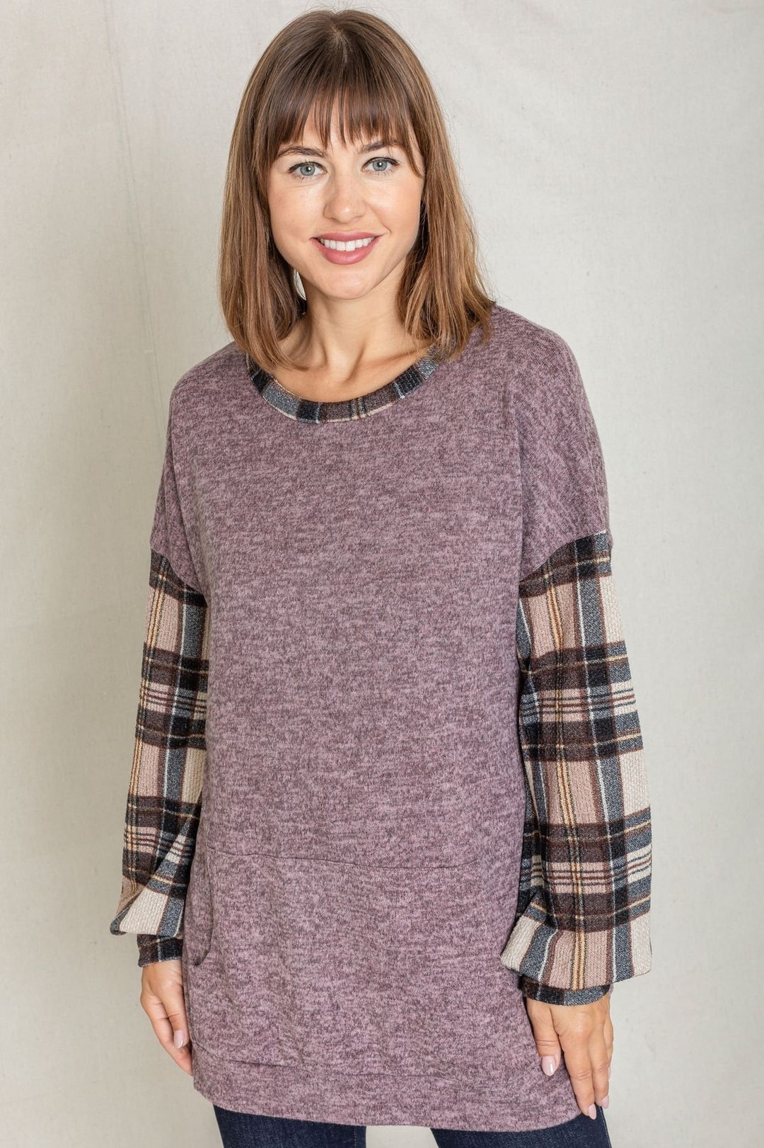 Drop Shoulder Knit Mocha Plaid Sleeve Kangaroo Pocket Tunic S - Etsy