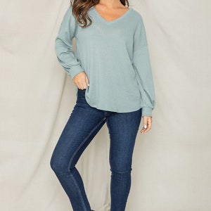 Waffle knit V-Neck Bishop Sleeve Loose Top 6 Colors S to 3X Plus image 2