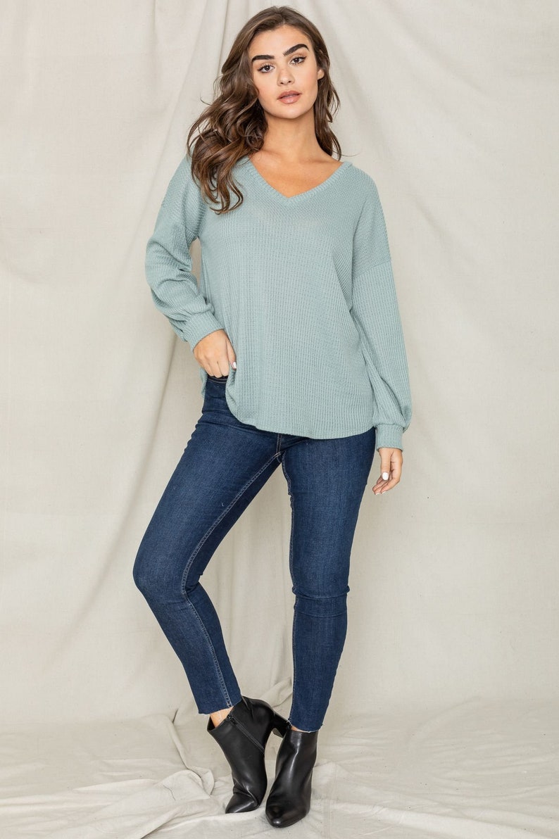 Waffle knit V-Neck Bishop Sleeve Loose Top 6 Colors S to 3X Plus image 2