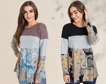 Color Block Knit Medallion Long Sleeve Tunic | 2 Colors | S to 3X (Reg, Plus)