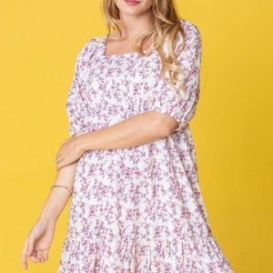 Romantic Ditsy Floral Square Neck Ruffle Hem Dress Ivory Pink