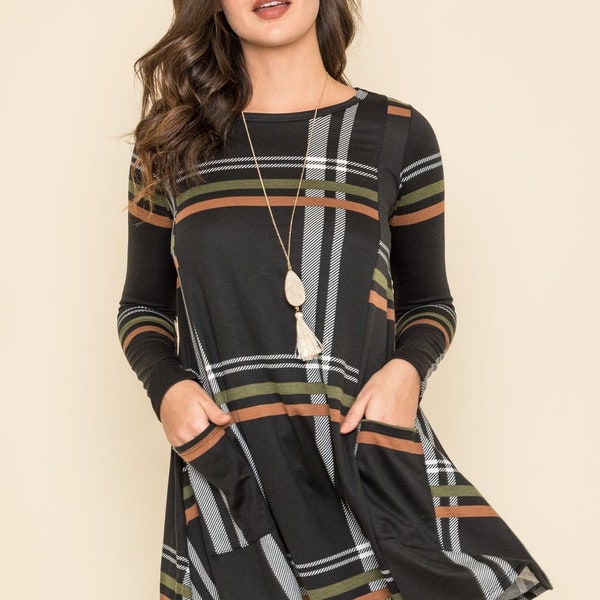 Black Olive & Mocha Plaid Long Sleeve A-Line Tunic Dress