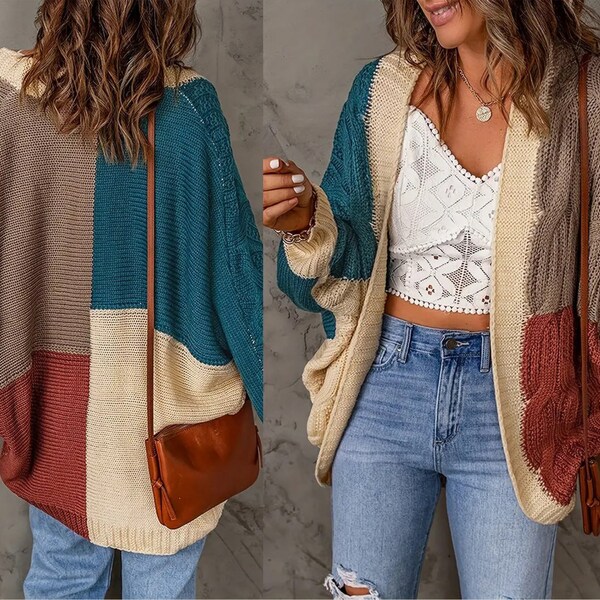 Teal Brown Colorblock Slouchy Curved Hem Cable Knit Cardigan