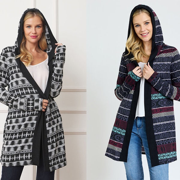 Black Trim Nordic Print Hooded Long Cardigan | 2 Colors | S to 3X Plus