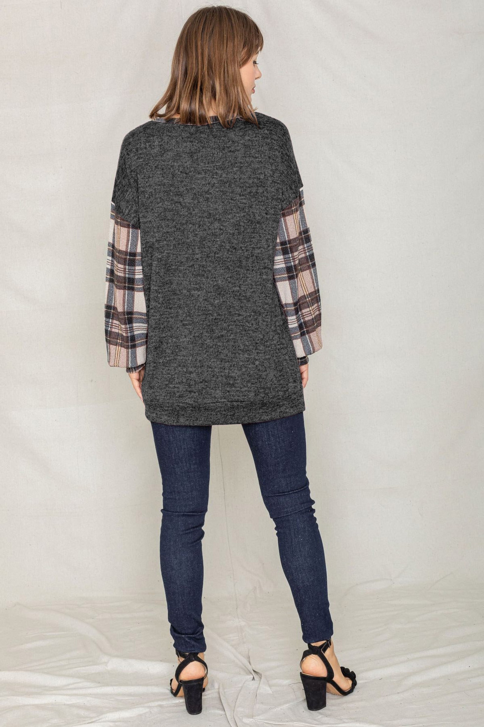 Drop Shoulder Knit Mocha Plaid Sleeve Kangaroo Pocket Tunic S - Etsy