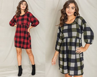 Checker Plaid 3/4 Sleeve Empire Waist Dress | S to 3X (Reg, Plus)