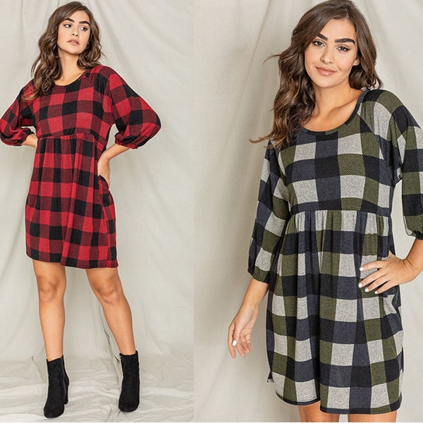 Checker Plaid 3/4 Sleeve Empire Waist Dress | S to 3X (Reg, Plus)