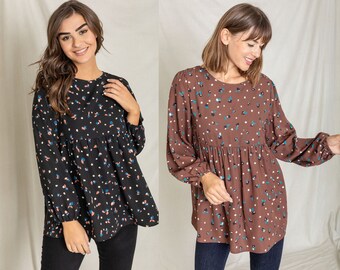 Abstract Dots Empire Waist Bishop Sleeve Top