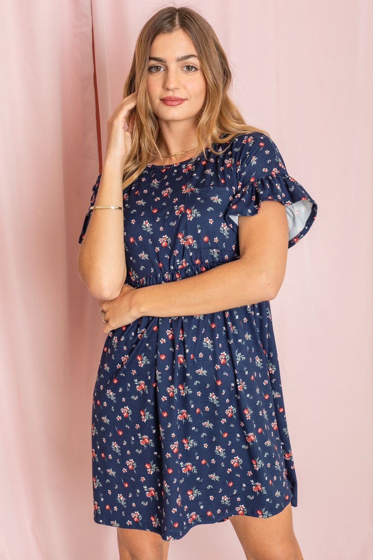 floral ruffle trim mini dress