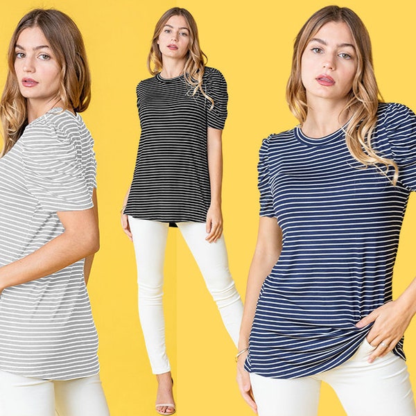 Stripe Short Puff Sleeve Tunic | 3 Colors | S to 3X Plus