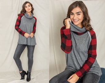 Buffalo Checkered Raglan Sleeve French Terry Cowl Neck Tunic | 2 Colors | S to 3X (Reg, Plus)