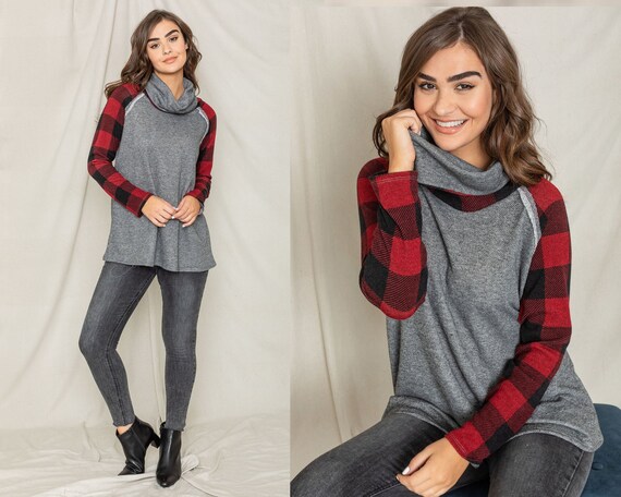 Plaid trim cowl clearance neck tunic sweatshirt dress