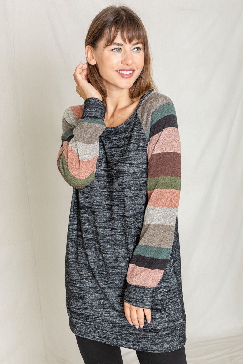 Multi Stripe Raglan Long Sleeve Knit Tunic 5 Colors S-3X image 8