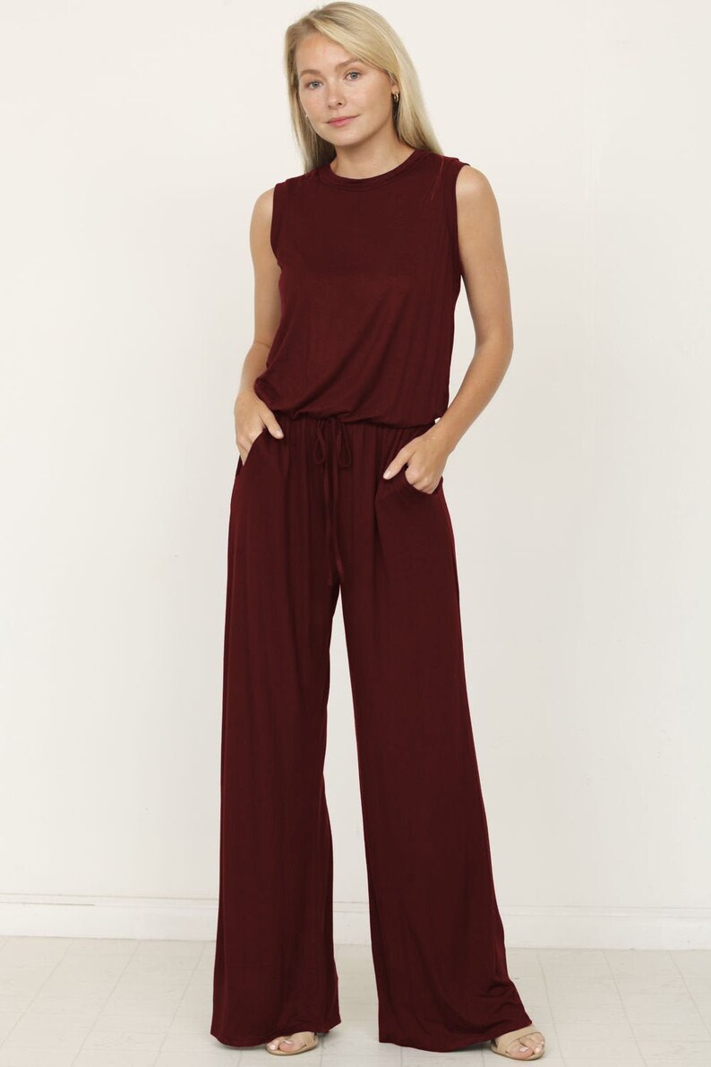 Solid Sleeveless Blouson Jumpsuit with Tie Keyhole Back S to 3X 4 Colors Burgundy