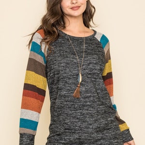 Multi Stripe Raglan Long Sleeve Knit Tunic 5 Colors S-3X Burgundy Mustard