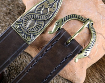 Brown Leather BELT with Animal Beast Head Buckle Viking Borre Art Style Historical Norse Replica Larp Sca Pagan Accessory