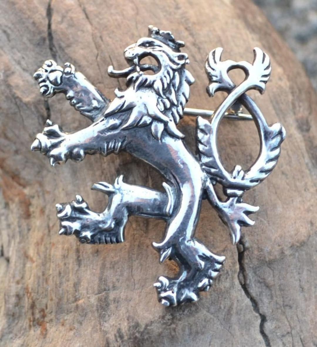 Medieval Two Tailed Lion Sterling SILVER BROOCH Kingdom