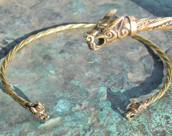 Brass Wolf Head Torc - Celtic Necklace